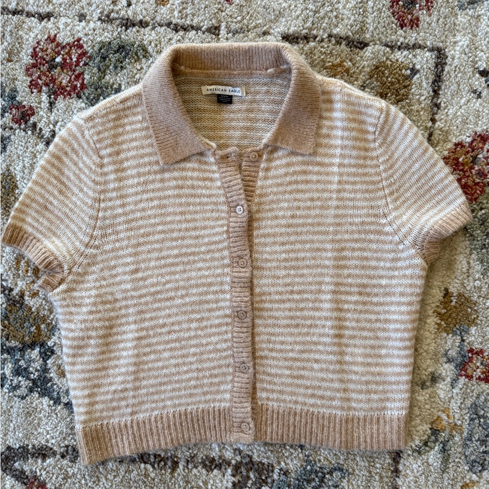 M medium American Eagle Tan and White Striped Knit Cardigan